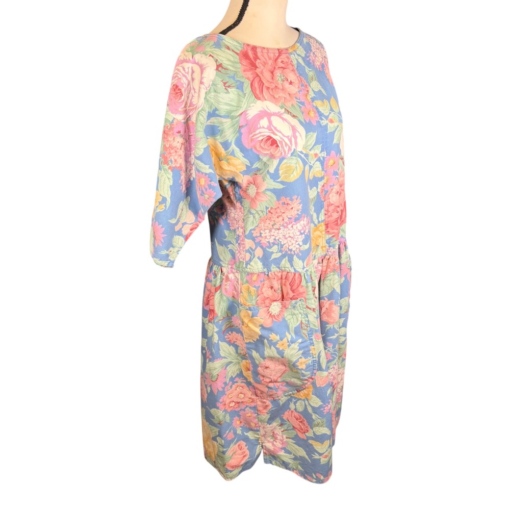 Vintage 80s Cherokee Drop Waist Chore Pocket Floral Midi Dress 7/8 Cottage Retro - Picture 2 of 12